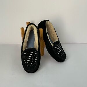 Women's UGG Ansley Bling Black Suede Moccasin Slipper with Rhinestone Detail